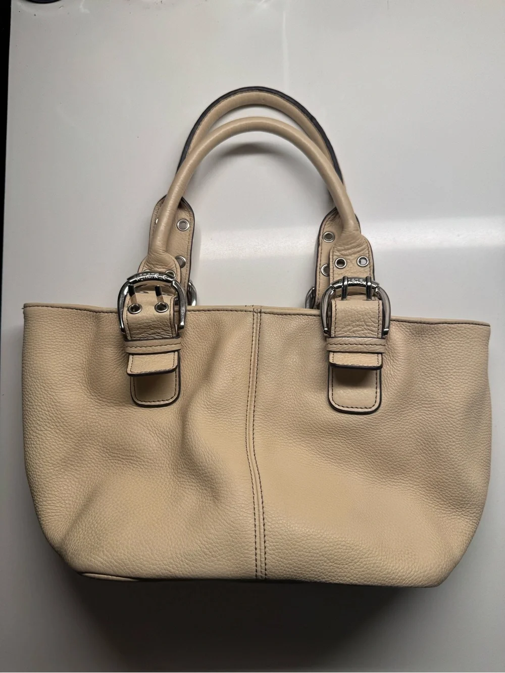 Tignanello Cream Beige Pebbled Leather Buckle Tote Handbag⁠